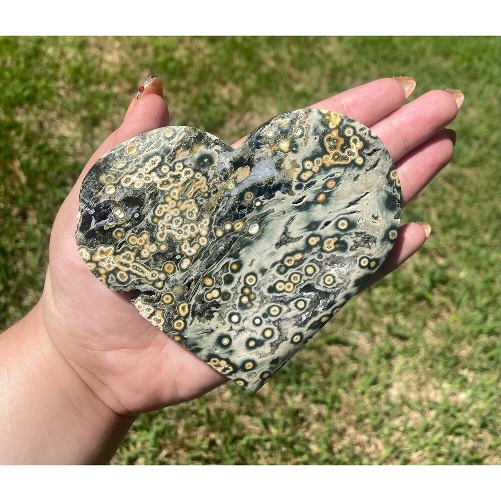 8th Vein Ocean Jasper Heart Carving , Large 211 g , Unique Orbicular Sea Jasper